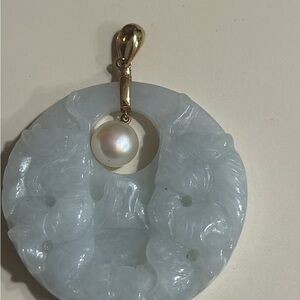 Rare Vintage carved jadeite Jade and pearl with 14k gold bale pendant